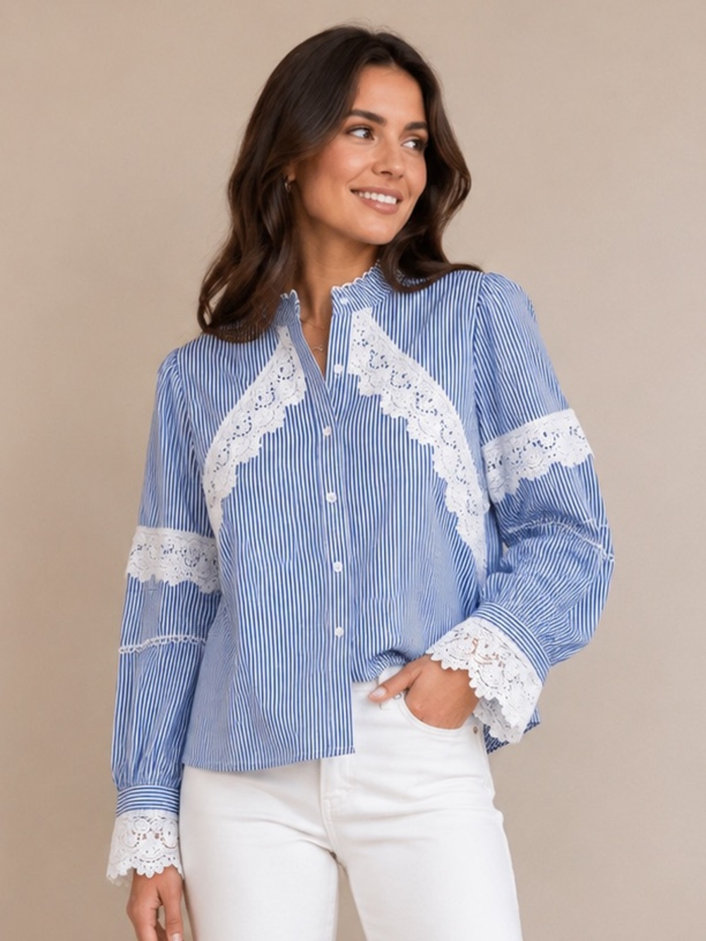 Blue & White Stripe Lace Detail Blouse | Puff Sleeve Boutique Top